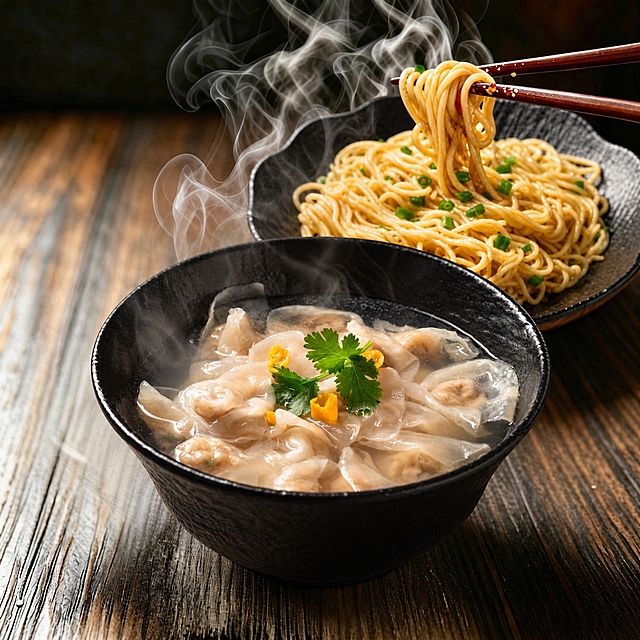 将图中前景的馄饨汤碗替换为image3中的肉燕汤（黑碗装的肉燕汤，保留热气效果），放在前面位置；将图中背景的拌面替换为image2中的拌面（黑盘装的拌面，保留筷子夹起面条的效果），放在后面位置。保持原图的木质桌面背景、整体构图、视角、光线和蒸汽效果完全不变，不要美化图片，只替换产品本身，确保融合自然真实