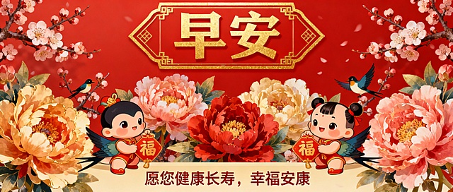 用鲜艳的暖色调，比如红底金边的 “早安” 艺术字，配上盛开的牡丹、梅花等吉祥花卉，或者可爱的喜鹊、福娃图案。
可以加一句小字：“愿您健康长寿，幸福安康”，更讨喜。尺寸是公众号封面的尺寸