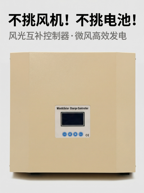 基于原产品图生成淘宝主图，保留原米黄色风光互补控制器外观与颜色完全一致，产品居中展示，米白色壳体质感清晰锐利，背景为干净浅灰色，产品主体占比约60%。主标题文案“不挑风机！不挑电池！”使用黑色粗体无衬预览效果