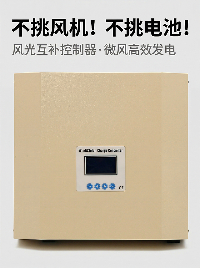基于原产品图生成淘宝主图，保留原米黄色风光互补控制器外观与颜色完全一致，产品居中展示，米白色壳体质感清晰锐利，背景为干净浅灰色，产品主体占比约60%。主标题文案“不挑风机！不挑电池！”使用黑色粗体无衬线字体，字号最大放置在画面顶部左上角；副标题文案“风光互补控制器 · 微风高效发电”使用灰色常规字体，字号为主标题一半，放置在主标题下方。文字不遮挡产品主体，整体风格简约专业科技感，突出产品核心卖点。