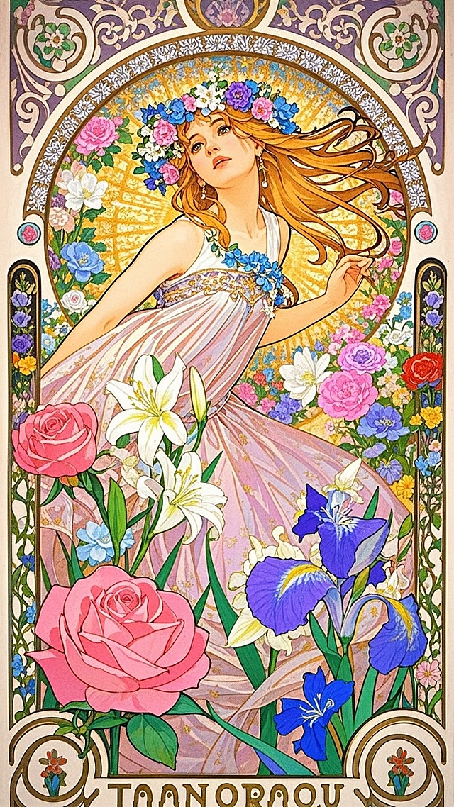 女神头戴花环在花丛起舞，繁花环绕着