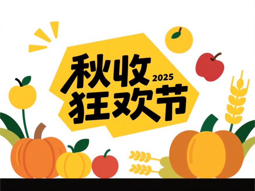 黄色不规则色块上是黑色加粗字“秋收狂欢节”，小字“2025”，周围是苹果、南瓜、小麦等丰收作物，白色背景预览效果