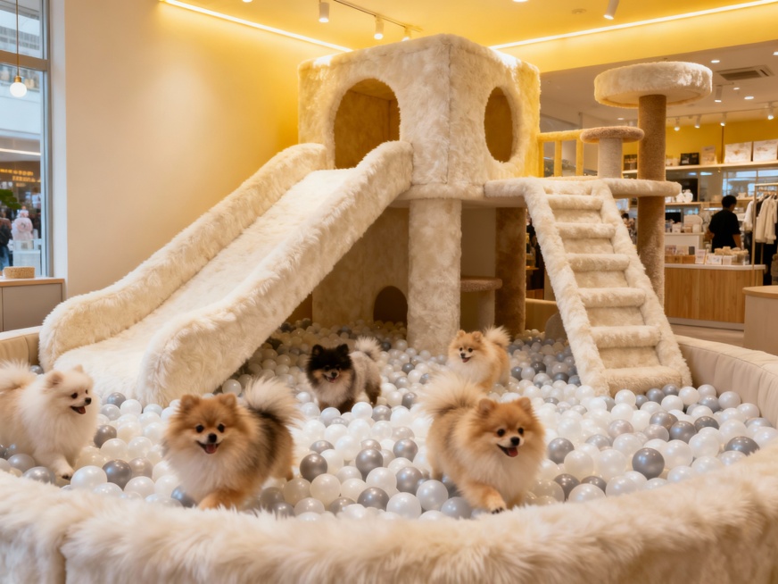 变身软糯米白毛绒质感，帮我生成十张宠物店场景预览效果