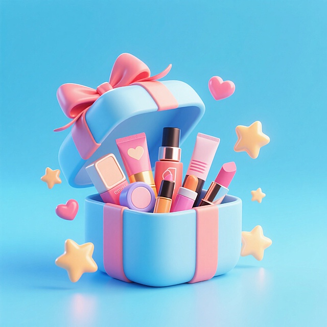 装着一堆化妆品的礼盒，周围点缀星星、爱心、蝴蝶结等装饰元素，促销，浅蓝色底