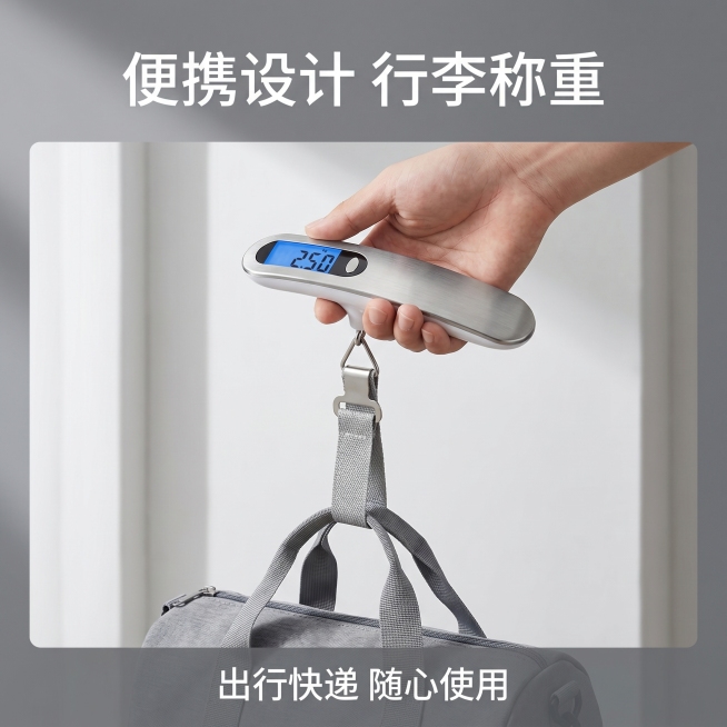 [主图-5] 首衡电子织带手提秤出行使用场景展示主图。
[氛围风格] 生活化场景展示，突出便携易用
[画质] 商业摄影质感，场景自然真实，产品清晰突出
[元素] 手握住织带手提秤手柄，模拟出行称重场景预览效果