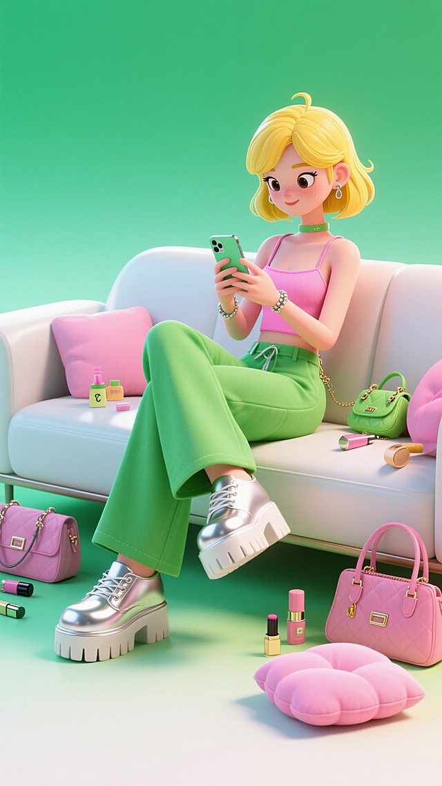 潮酷个性女生，黄发戴蓝色有线耳机，穿粉吊带、绿色阔腿裤，靠在沙发上玩手机，脚踩银亮厚底鞋，架腿。周围有包包、粉色坐垫，散落化妆品，背景绿白渐变