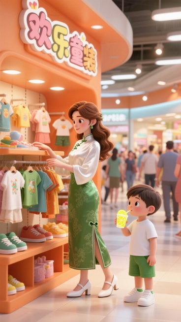 主视觉为一个棕色长卷头发美女穿着白色宽松中式丝绸上衣、绿色丝绸长裙、白色中跟皮鞋，高端、优雅，在服装店内看儿童衣服，一个小男孩，穿着白色T恤和绿色短裤、白色鞋子、喝着柠檬水，商场里整体充满烟火气的暖橙预览效果