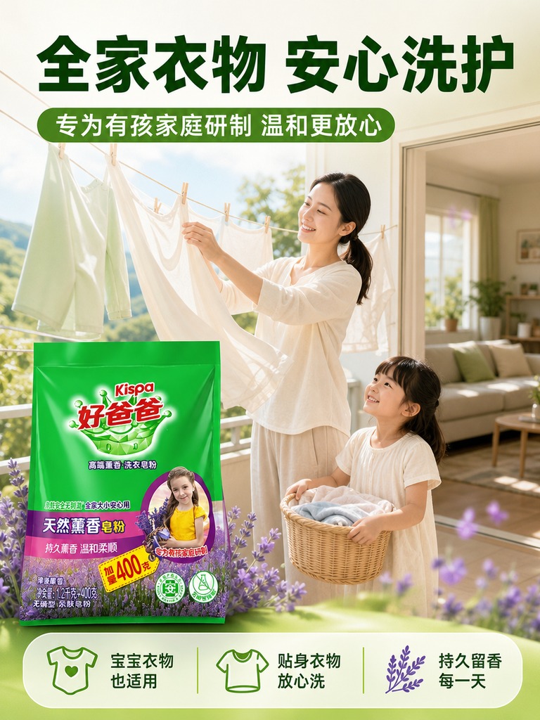 [商品] 使用【图1】好爸爸天然薰香皂粉产品；保留绿色包装、品… - 图片创意预览