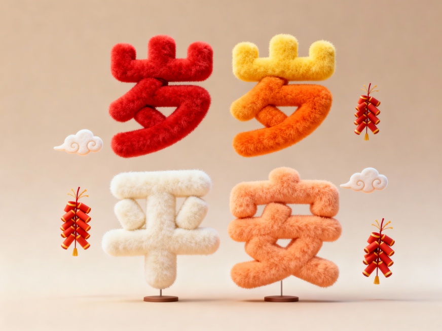 可爱毛绒字体 “岁岁平安”，单字单色设计：岁（红）、岁（橙黄）、平（奶白）、安（浅橘），点缀鞭炮、祥云小装饰，浅咖渐变浅棕背景，正面视角，文字悬空无底座，预览效果