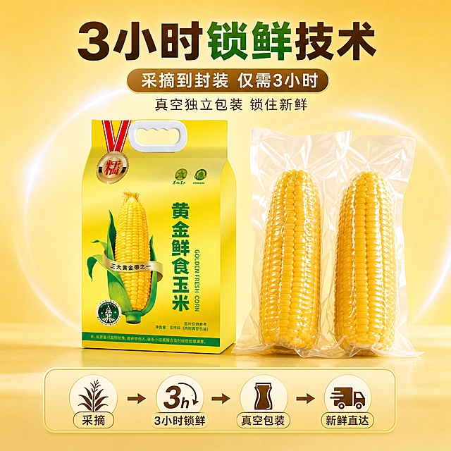 [主图-4] 3小时锁鲜工艺与真空包装展示，强化新鲜度卖点。
[统一基调] 京东品质风，简洁稳重，文字占比<30%，一图一重点；背景主色暖金黄渐变，标题字色深棕+金黄强调色，辅助字色米白，字体为厚重粗黑体，字号层级分明，卡片用圆角浅金描边样式。
[画面] 产品包装袋（与输入图一致）位于画面中央偏左，占比约50%，正面展示。包装袋右侧并排摆放2根独立真空包装的糯玉米，透明真空袋紧贴玉米，能看到金黄的玉米粒，真空袋表面有轻微反光，体现密封锁鲜。背景为干净的浅金色渐变，有淡淡的冷色光晕表现新鲜冷藏感。画面底部有一条时间轴样式的图形，从采摘到锁鲜的流程示意：采摘→3小时锁鲜→真空包装→送达。
[光影质感] 商业产品摄影质感，柔和均匀布光，真空袋有通透反光，包装有立体感，底部有自然阴影，整体干净高级。
[配色] 背景浅金色渐变，产品黄色包装，真空袋透明反光，标题深棕色，强调字用鲜绿色表现新鲜。
[文字版式] 画面上方主标题"3小时锁鲜技术"，下方副标题"采摘到封装 仅需3小时"，再下方小字"真空独立包装 锁住新鲜"；时间轴图形上标注"采摘""3小时锁鲜""真空包装""新鲜直达"四个节点；文字均放在上下负空间，不遮挡产品主体。
[输出要求] 1:1正方形，2048x2048，文字清晰可读，产品清晰完整，无变形，无错字，无模糊，无杂乱元素，无水印，无京东平台Logo。