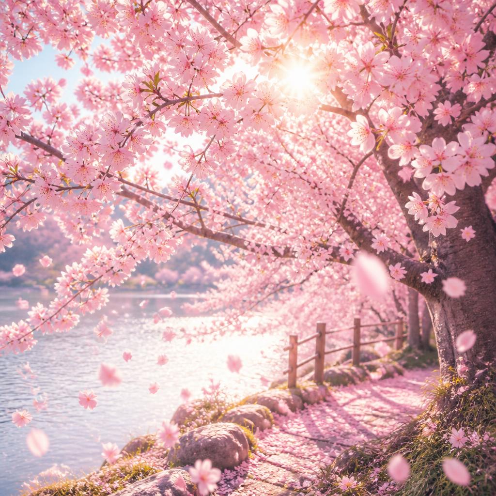 樱花主题唯美画面，盛开的粉色樱花树，花瓣随风飘落，柔和的阳光透… - 图片创意预览