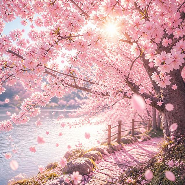 樱花主题唯美画面，盛开的粉色樱花树，花瓣随风飘落，柔和的阳光透过花枝洒下，浪漫梦幻的氛围，精致细腻的花瓣纹理，清新自然的风格