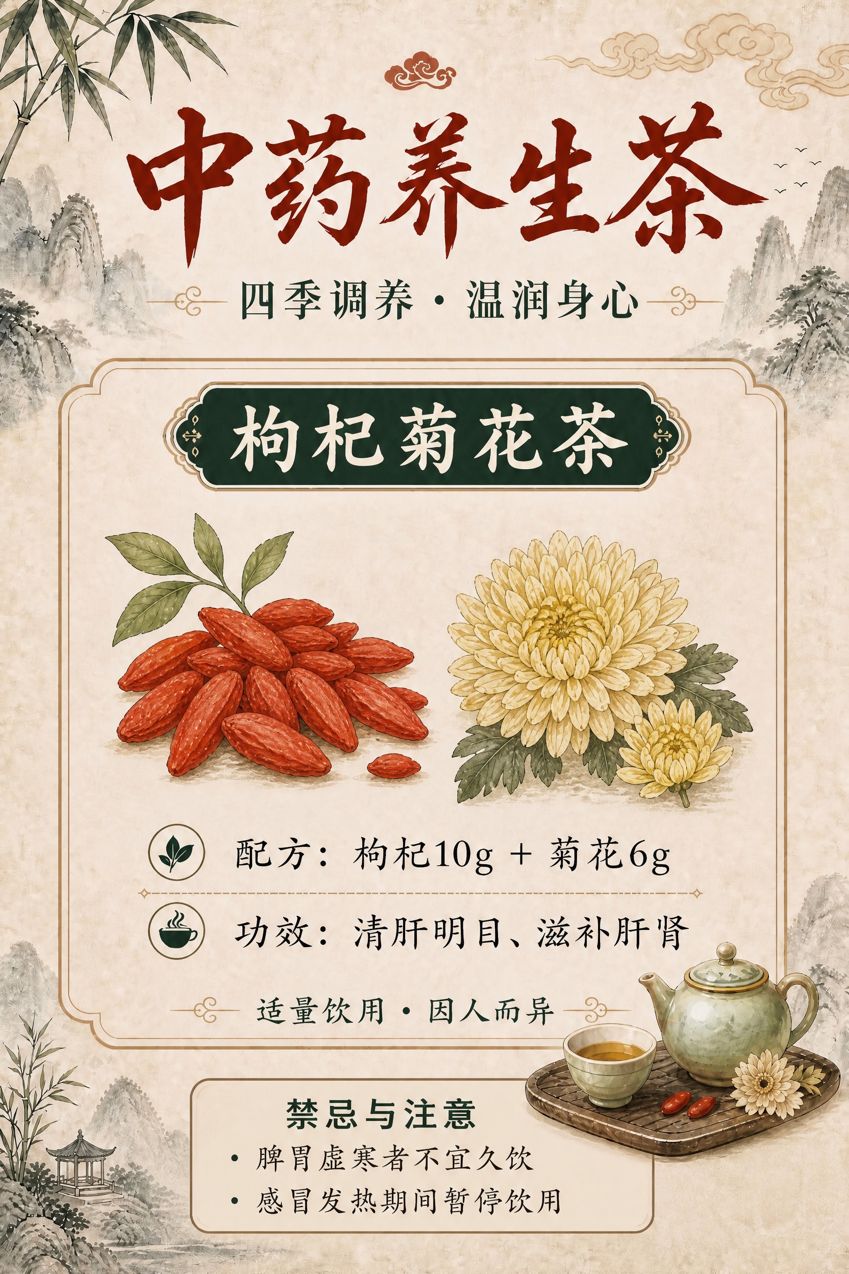 基于参考图的枸杞菊花茶海报，重新调整底部禁忌与注意板块，使其排… - 图片创意预览