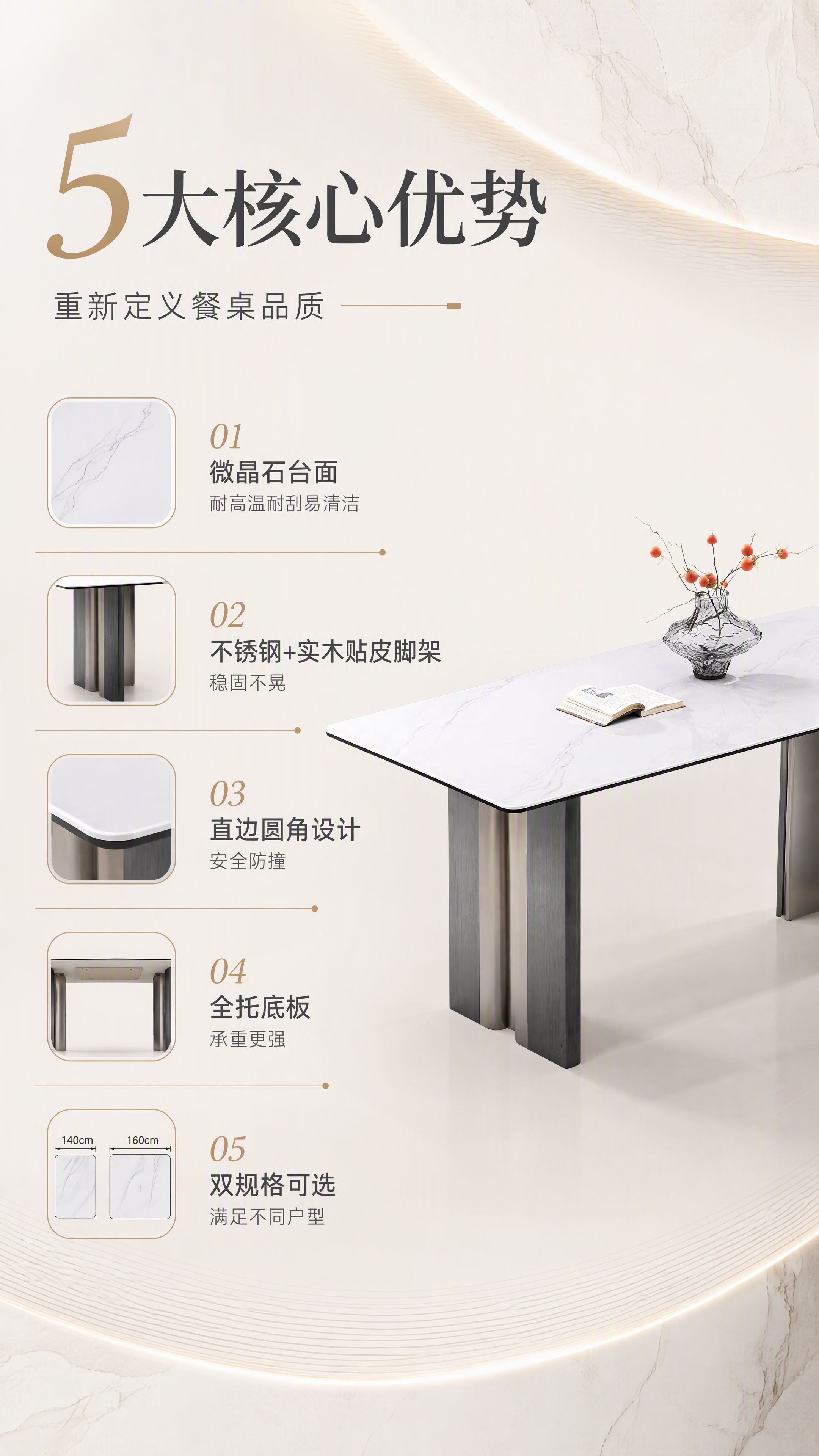 [第2张] 详情页核心卖点页-白云纱微晶石餐桌5大优势痛点解决… - 图片创意预览