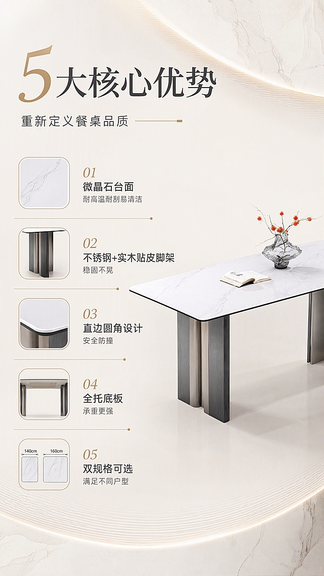 [第2张] 详情页核心卖点页-白云纱微晶石餐桌5大优势痛点解决。本张使用【图1】作为商品主体，保持产品外观一致。
[氛围/风格] 现代简约高级感，信息可视化设计，商业摄影质感，理性专业。
[元素布局] 餐桌置于画面右侧，占比约40%，45°斜侧角度展示全貌；左侧为五大卖点图标+文字区域，上下排列；背景为浅米白渐变底，点缀几何线条和微晶石纹理元素；餐桌结构、材质、颜色与输入产品图一致。
[光影质感] 左侧柔光均匀照明，产品清晰立体，台面纹理和金属脚架质感突出，阴影柔和自然。
[配色色系] 全局底色 #F5F3EF（米白暖灰）；主色深灰文字+白云纱白；辅助色香槟金点缀、浅木色图标。
[视角构图] 正面偏右构图，左文右物，阅读动线从上到下依次阅读卖点。
[文字版式] 顶部大标题「5大核心优势」，副标题「重新定义餐桌品质」；下方5个卖点图标+文字竖向排列：01「微晶石台面 耐高温耐刮易清洁」配台面纹理图标；02「不锈钢+实木贴皮脚架 稳固不晃」配脚架图标；03「直边圆角设计 安全防撞」配圆角图标；04「全托底板 承重更强」配底板图标；05「双规格可选 满足不同户型」配尺寸图标；每个卖点配简约线性图标，文字左对齐，字号适中手机端清晰可读。
[比例分辨率] 9:16 竖版比例，4K 分辨率，文字清晰可辨，高清画质。
[负向提示词] 产品变形，结构错误，颜色偏差，文字错乱，文字过小，水印，图标模糊，背景杂乱。