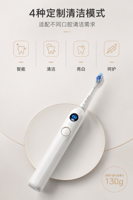 「图片1」### 第1屏：品牌主视觉KV屏
严格还原上传的产品图，包括机身哑光白色竖棱设计、圆形彩屏、金边圆形按键、刷头造型、品牌标识等所有细节，产品尺寸比例保持1:1，带刷头整机重量约130g；2:预览效果