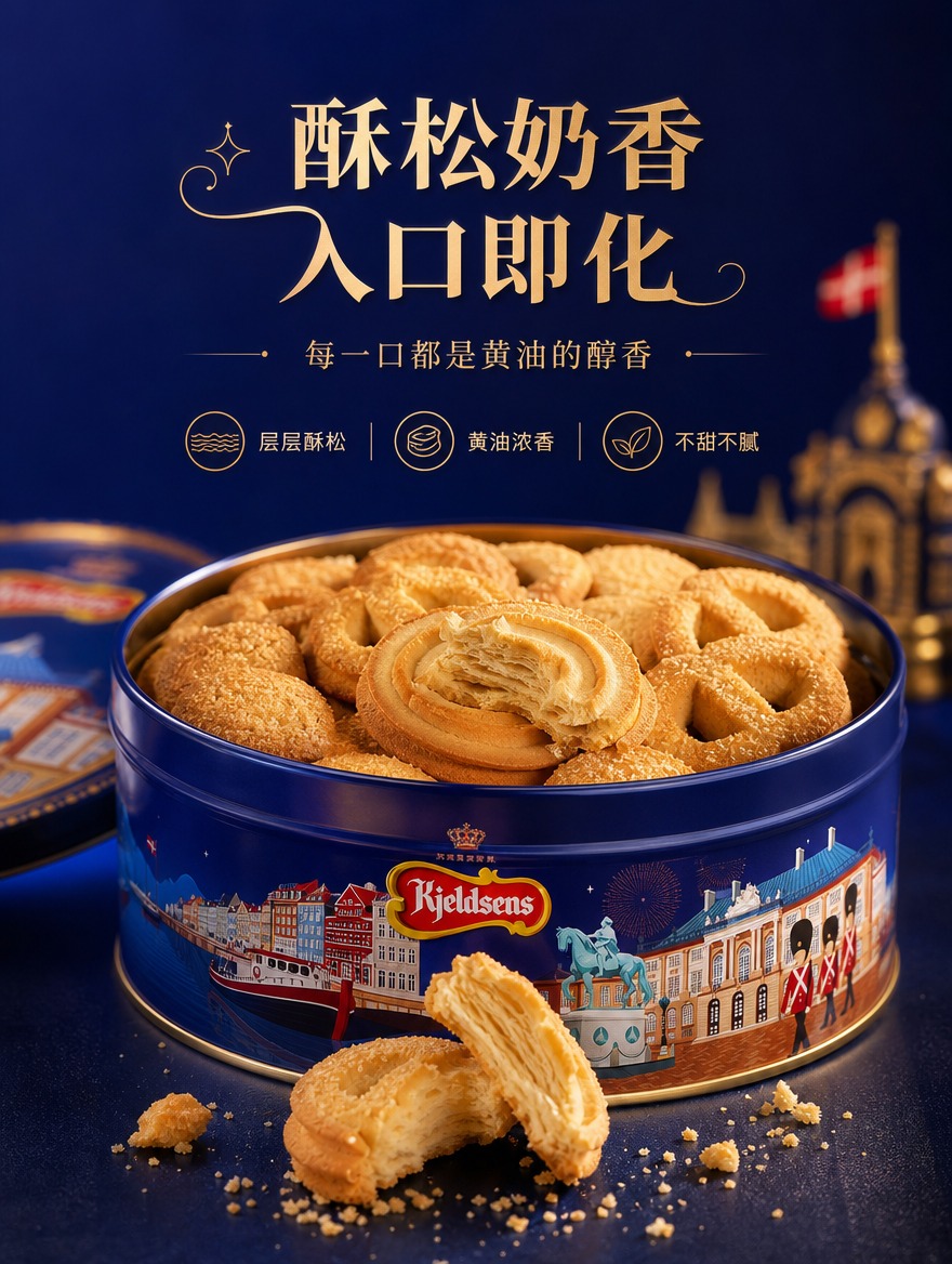 丹麦蓝罐曲奇口感质地页，打开的铁盒居中，金黄曲奇饼干堆叠，一块… - 图片创意预览