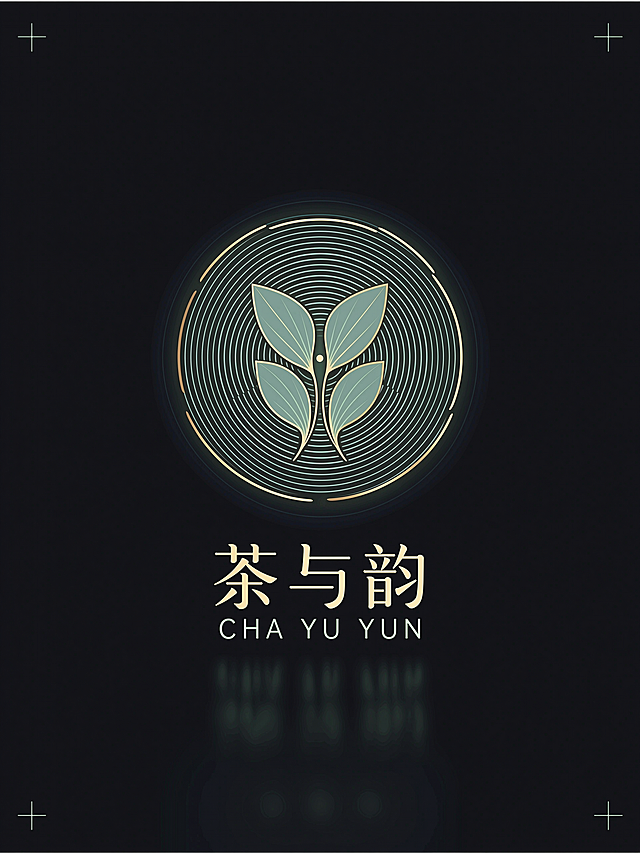 品牌“茶与韵”的 Logo，抽象茶叶+动态波纹融合，新中式未来感，低饱和青黛/哑金配色，几何极简风格，带有微光晕，高级哑光质感，无写实，无照片，无复杂背景，无杂乱元素，无鲜艳色彩
