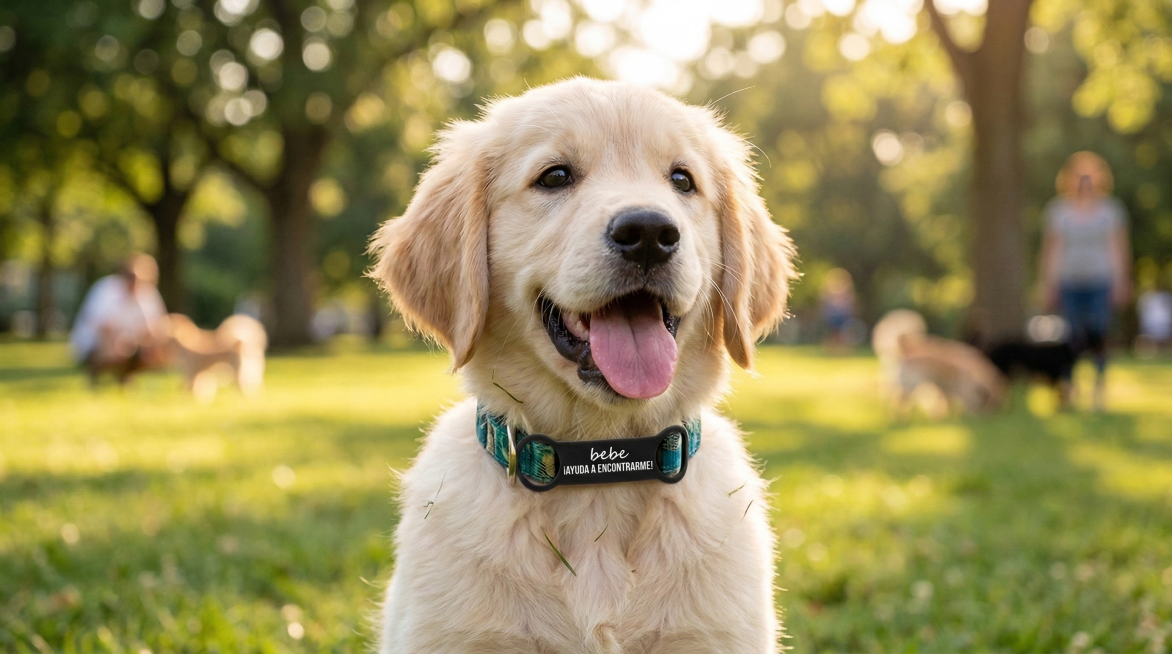 以图中狗牌为主体，保留狗牌特征，添加西班牙语防走失标语，如"¡Ayuda a encontrarme!"，背景为户外公园场景，狗狗戴着该狗牌玩耍，比例16:9预览效果