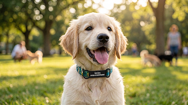 以图中狗牌为主体，保留狗牌特征，添加西班牙语防走失标语，如"¡Ayuda a encontrarme!"，背景为户外公园场景，狗狗戴着该狗牌玩耍，比例16:9