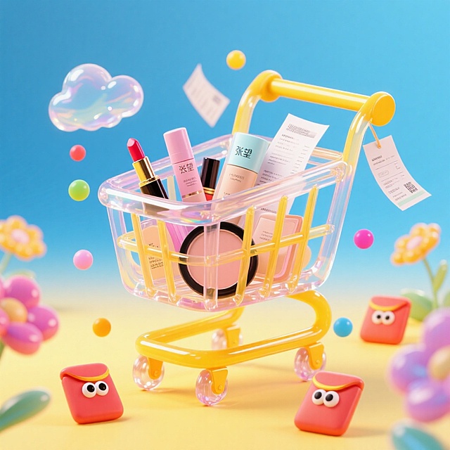 黄色购物车，挂着购物小票，车里有口红、粉饼、面霜、粉底液元素，周围环绕着带彩色圆点的透明星形装饰，有半透明云朵、花朵、带眼睛的红包，背景为蓝色黄色渐变
