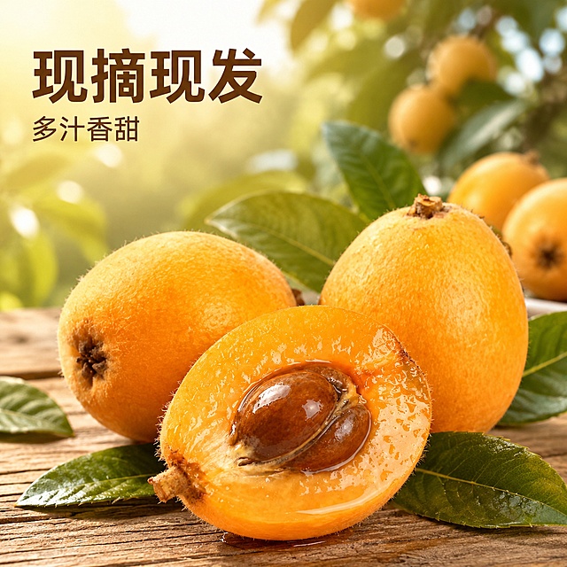 [主图-1] 新鲜枇杷鲜果首图，突出食欲与新鲜度；[氛围风格] 自然清新果园风，结合彩铅写实质感；[画质] 商业摄影质感、光线柔和通透、产品清晰真实、画面干净高级；[元素] 保持枇杷外观（物理结构、材质质感、颜色）与输入产品图绝对一致，杜绝任何变形和色差，精细化处理。切开的枇杷放置画面中心，完整枇杷围绕摆放，翠绿叶片点缀，展现果肉饱满多汁状态，有新鲜果汁光泽，商品主体占比控制在60%-80%之间，背景融入浅淡果园林间氛围，画面满屏无边框；[光影] 自然暖阳逆光从侧后方照射，突出枇杷果肉的通透金黄，光线柔和不刺眼，果肉表面形成自然高光，背景虚化突出主体；[配色] 主色调为暖金黄色，搭配翠绿叶片、浅木色背景，清新自然；[视角构图] 平视45度角，浅景深突出主体，轮廓完整不裁切；[文字版式] 左上负空间左对齐留安全边距，大字主文案“现摘现发”暖棕色粗体无衬线，辅助短句“多汁香甜”字号缩小一半。保持文字清晰不遮挡主体；[比例分辨率] 1:1比例，2K分辨率，文字清晰可辨，超高清；[负向提示词] 变形，文字错乱，产品图模糊，背景杂乱，水印，电商平台Logo
