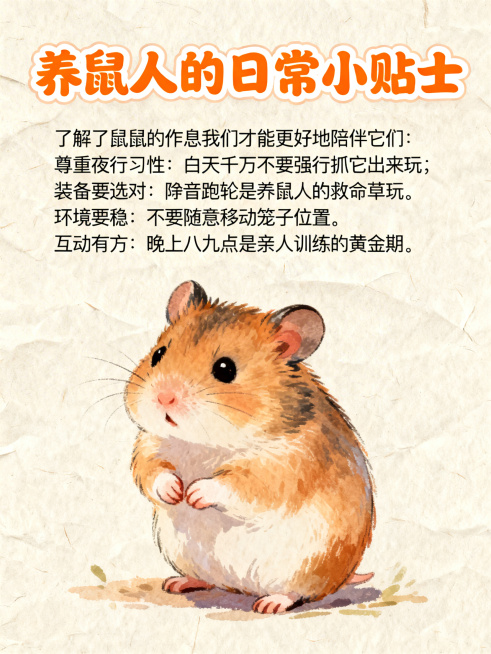 温馨浅米色手绘纸张纹理背景，上方有活力亮橙圆润字体带白色描边的中等字号标题“养鼠人的日常小贴士”，下方配有文字“了解了鼠鼠的作息
我们才能更好地陪伴它们：
 尊重夜行习性：白天千万不要强行抓它出来玩预览效果