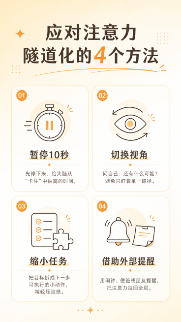 科普知识图文卡片，标题为“应对注意力隧道化的4个方法”，简约现代风格，浅黄渐变背景，画面分4个区块清晰排列4个解决方法，每个方法配简约图标，干净整洁，适合小红书分享，分辨率4K预览效果