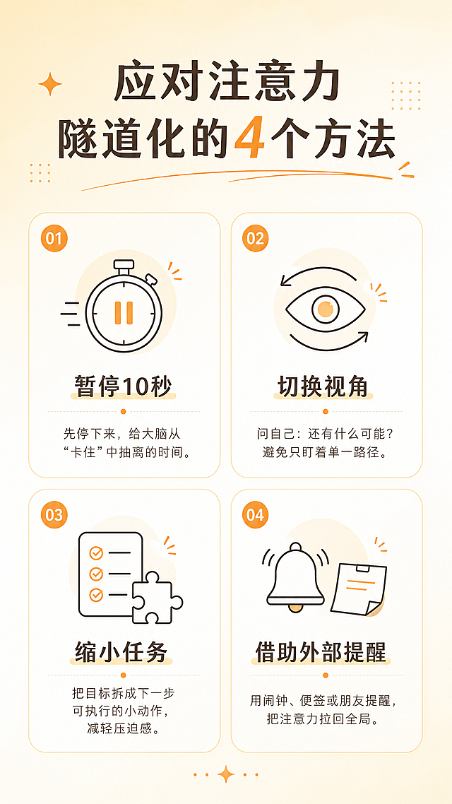 科普知识图文卡片，标题为“应对注意力隧道化的4个方法”，简约现代风格，浅黄渐变背景，画面分4个区块清晰排列4个解决方法，每个方法配简约图标，干净整洁，适合小红书分享，分辨率4K