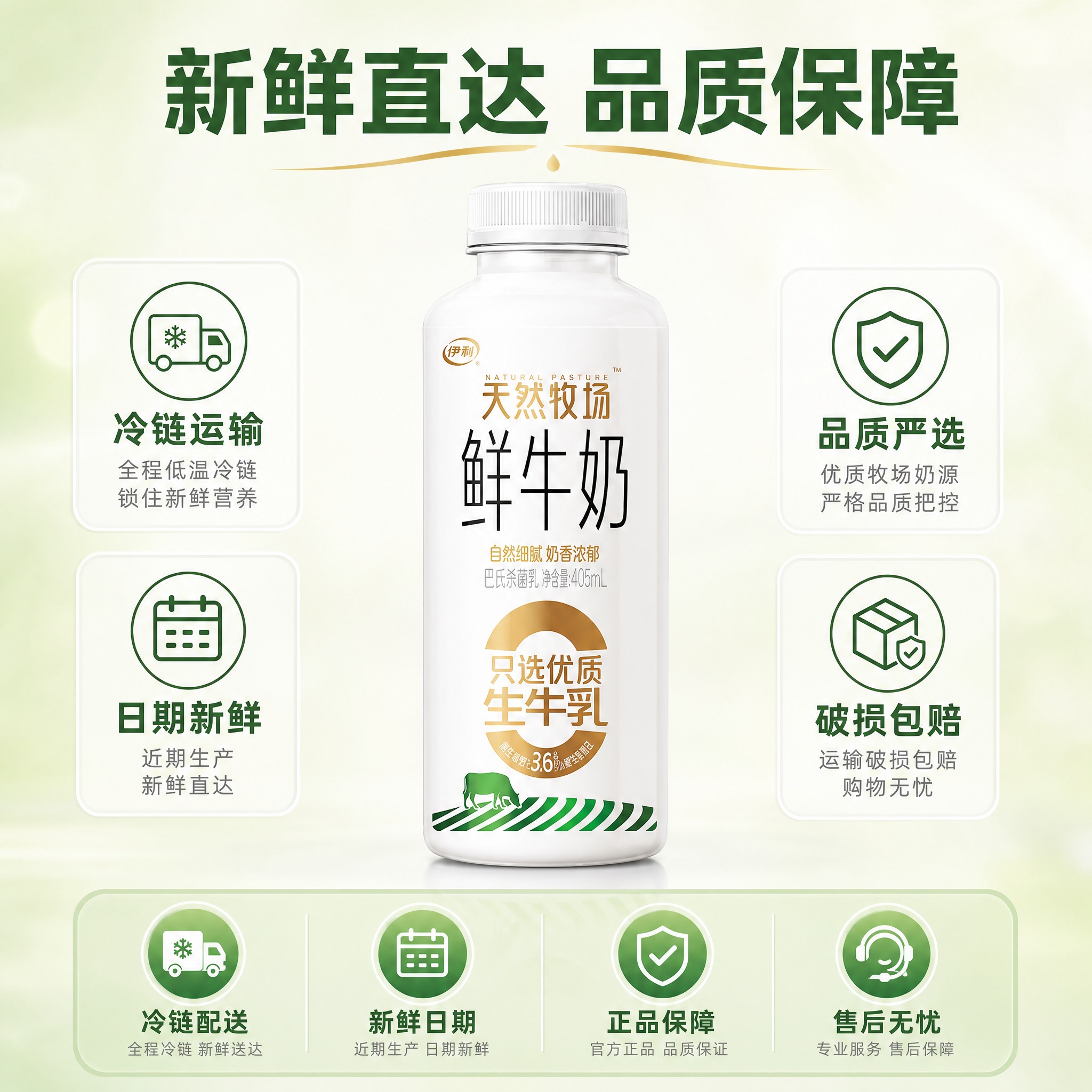 [主图-5] 伊利天然牧场鲜牛奶服务承诺图，展示规格与服务保障… - 图片创意预览