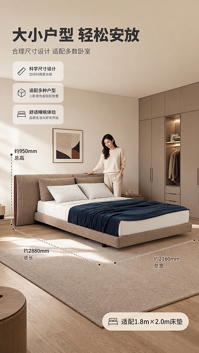 [商品] 使用【图1】意式简约布艺软包床；保留整体外观、颜色、结构比例；商品处理：保持产品原貌，增强场景融合度，不改变结构。
[画面] 目标：空间尺度页，展示卧室占地与尺寸适配性。构图：场景嵌入标注型，满铺卧室场景，叠加尺寸虚线标注。主体位置：画面居中，床占画面约50%，正侧视角度。人物：亚洲女性站在床侧，手搭床边，作为人体比例参照。景别：中全景。前中后景：前景浅木色地板+地毯，中景床+人物，后景衣柜+墙面装饰，营造真实卧室空间感。叠加虚线尺寸标注：长度方向、宽度方向、床头高度。
[视觉] 套系策略：风格=意式极简轻奢商业摄影；标题字=现代无衬线粗体（思源黑体Heavy）；正文字=简洁无衬线体（思源黑体Regular）；主色=暖米杏；背景延展=基于暖米杏做深浅层级、同色渐变和细腻哑光墙面/织物质感；强调色=深棕咖，仅用于小面积图标、引线、标签和局部光效；标题色=深炭灰；正文色=中暖灰；组件=圆角浅底信息卡、细线引线、数字序号胶囊；光影=左前侧暖柔光，柔和漫射，阴影浅淡。
[文字] 左上主标题「大小户型 轻松安放」（8字），副标题「合理尺寸设计 适配多数卧室」（12字）。尺寸引线标注：「约2880mm总长」「约2160mm总宽」「约950mm总高」，右下角标签「适配1.8m×2.0m床垫」。文字横向排版，不遮挡人物和床主体。
[规格] 图片比例9:16竖版，4K分辨率，淘宝/天猫适配，中文文案，亚洲模特，避免变形、错字、文字过小、冷蓝/蓝灰背景、产品颜色改变、结构失真、极限词。