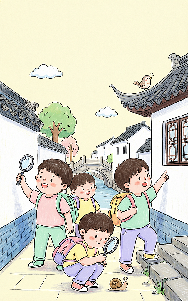 手绘涂鸦风、童趣卡通、粗黑描边、平涂色彩、明亮清新、低饱和度马卡龙配色、简约线条、儿童插画、天真烂漫、元气可爱、木渎古镇探寻、背书包少年们、拿着放大镜在古镇探索的场景、卡通小树、简笔云朵、暖黄奶白底色、海报排版、活动标题预留、治愈松弛感