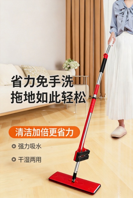 把图2的拖把替换成图1的，然后吧右上角的LOGO去掉保持女性持拖姿势和客厅场景，保留文字信息不变预览效果