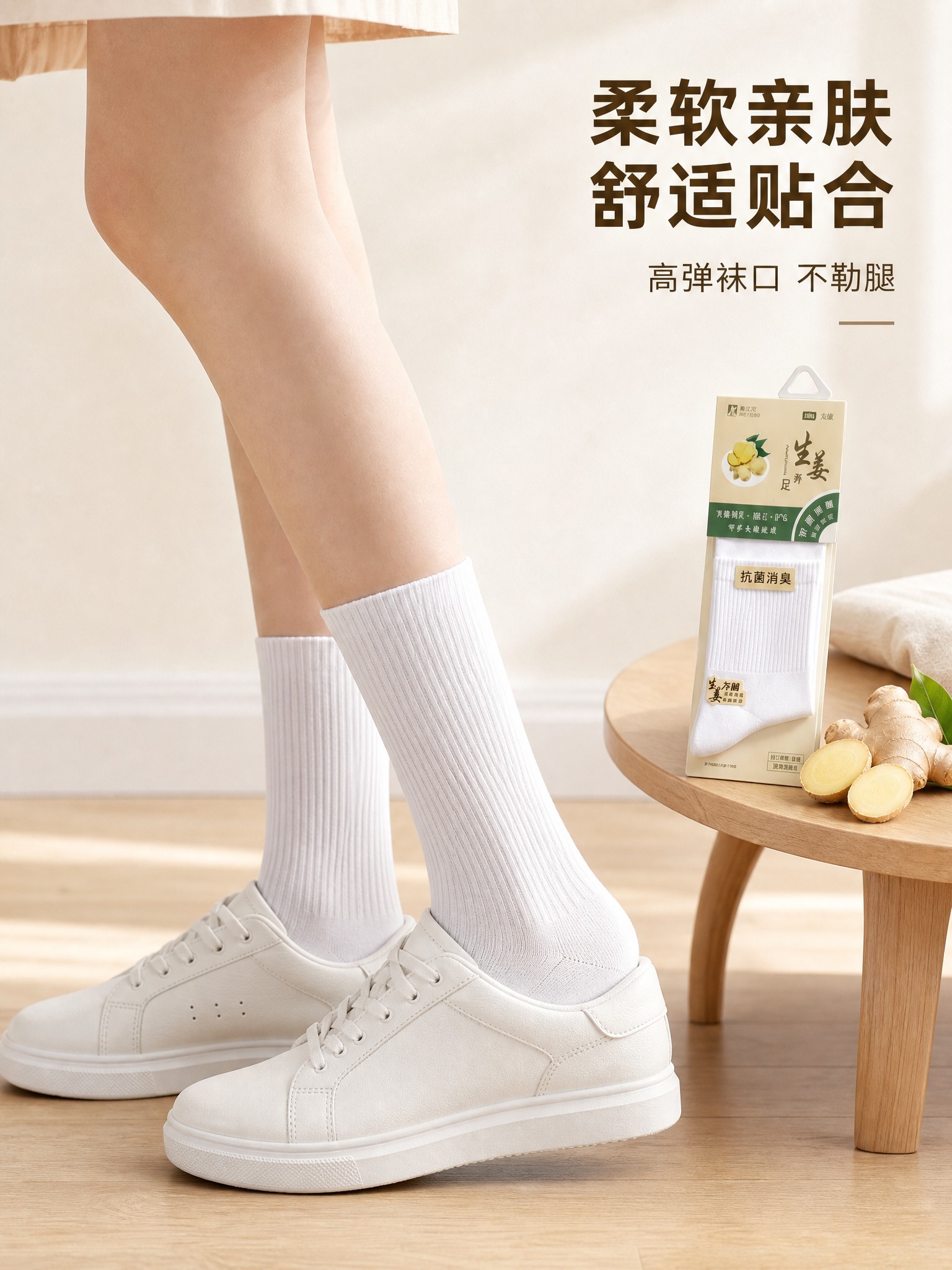 [主图-2] 生姜养足抗菌消臭中筒袜 上脚穿着效果展示，侧面视… - 图片创意预览