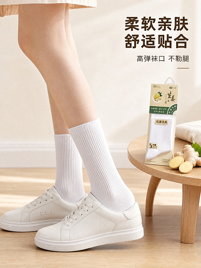 [主图-2] 生姜养足抗菌消臭中筒袜 上脚穿着效果展示，侧面视角展示袜子贴合度与长度。
[统一基调] 整体风格为专业品质、自然柔和的生活化商业摄影风格；背景主色为米白浅杏色调，搭配浅棕色木纹或大理石台面；标题字色为深棕色，辅助字色为中灰色，强调色为姜黄色；字体样式为简洁现代无衬线粗体，字号层级分明；卡片与图标采用圆角细线风格，整体干净高级有质感。
[画面] 画面主体为年轻女性小腿下半部分的上脚特写，穿着白色竖纹中筒袜，搭配简约小白鞋，呈自然站立侧面姿态，展示袜子到小腿中部的长度与包裹贴合效果。人物皮肤白皙，腿部线条自然。背景为浅米色简约室内场景，地面为浅木色，有柔和自然光。旁边小桌上放一双同款袜子包装与生姜切片点缀。袜子外观、纹理、颜色与输入图产品完全一致。
[光影质感] 柔和侧光，袜子表面呈现细腻竖条纹理，棉质柔软质感真实，脚部有自然阴影，整体为生活方式摄影质感，自然不做作。
[配色] 米白、浅木色、白色为主，姜黄色点缀，整体色调温暖干净。
[文字版式] 画面右上角放置文字，主标题"柔软亲肤 舒适贴合"，下方小字"高弹袜口 不勒腿"，文字为深棕色，右对齐排列，字号有明显层级对比，不遮挡腿部主体。
[输出要求] 比例3:4，文字清晰可读，产品清晰完整，无变形、错字、模糊、杂乱、水印、平台Logo，无多余手指、畸形手、面部扭曲。