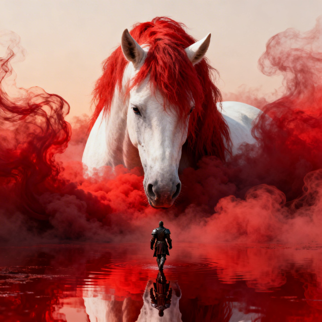 超现实艺术风格，巨型白色独角兽战马的正面头部特写，浓密的红色的鬃毛和两侧的流动的红雾融合在一起，质感缥缈且充满动感，马儿正面朝向镜头，整个身体淹没在滚滚的浓厚红雾中，只露出的一只耳朵和前脸以小部分，马预览效果