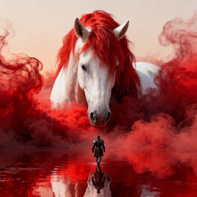 超现实艺术风格，巨型白色独角兽战马的正面头部特写，浓密的红色的鬃毛和两侧的流动的红雾融合在一起，质感缥缈且充满动感，马儿正面朝向镜头，整个身体淹没在滚滚的浓厚红雾中，只露出的一只耳朵和前脸以小部分，马嘴下是大片浓厚红雾，马低头看着下方一位很小的身穿深色盔甲的战士，他背对镜头在如镜面般的红色水面上行走，水面清晰映出人物倒影；马和人大小对比强烈，整体以浓烈的暖红色系为主色调，从深红到亮红自然渐变，上部为浅暖色背景，营造出史诗感、神秘且充满力量的氛围，光影柔和且富有氛围感，细节精致细腻，电影海报质感，8K 超清画质，色彩饱和度高，视觉冲击力强，大师获奖杰作