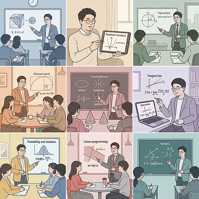 帮我生成关于高中数学的九宫格图片，要有老师和学生，老师的脸帮我设计成这张图片的，学生是中国人，场景是教室、家里、办公室、咖啡厅等，帮我生成20张