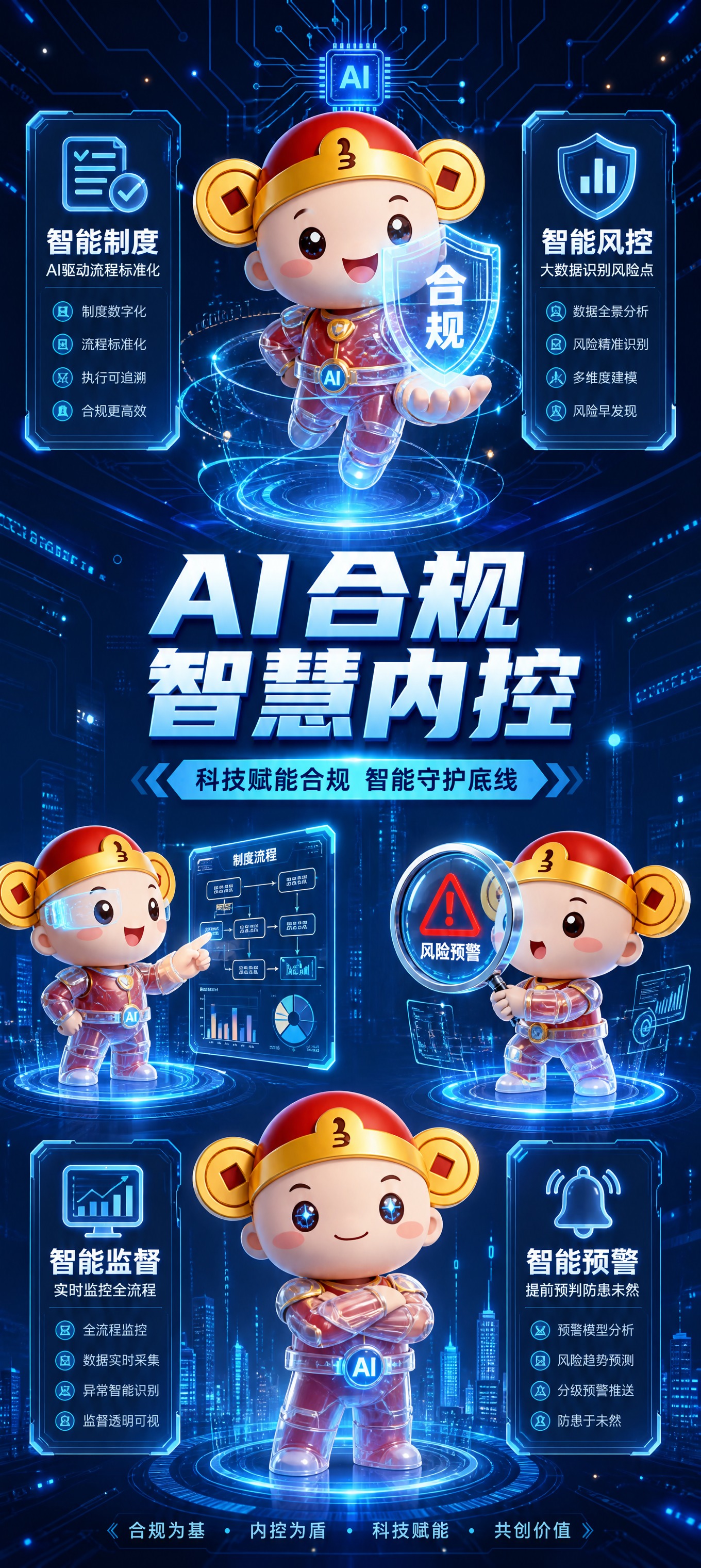 使用财富小宝财神卡通形象，融合科技感AI风格，生成合规内控主题… - 图片创意预览