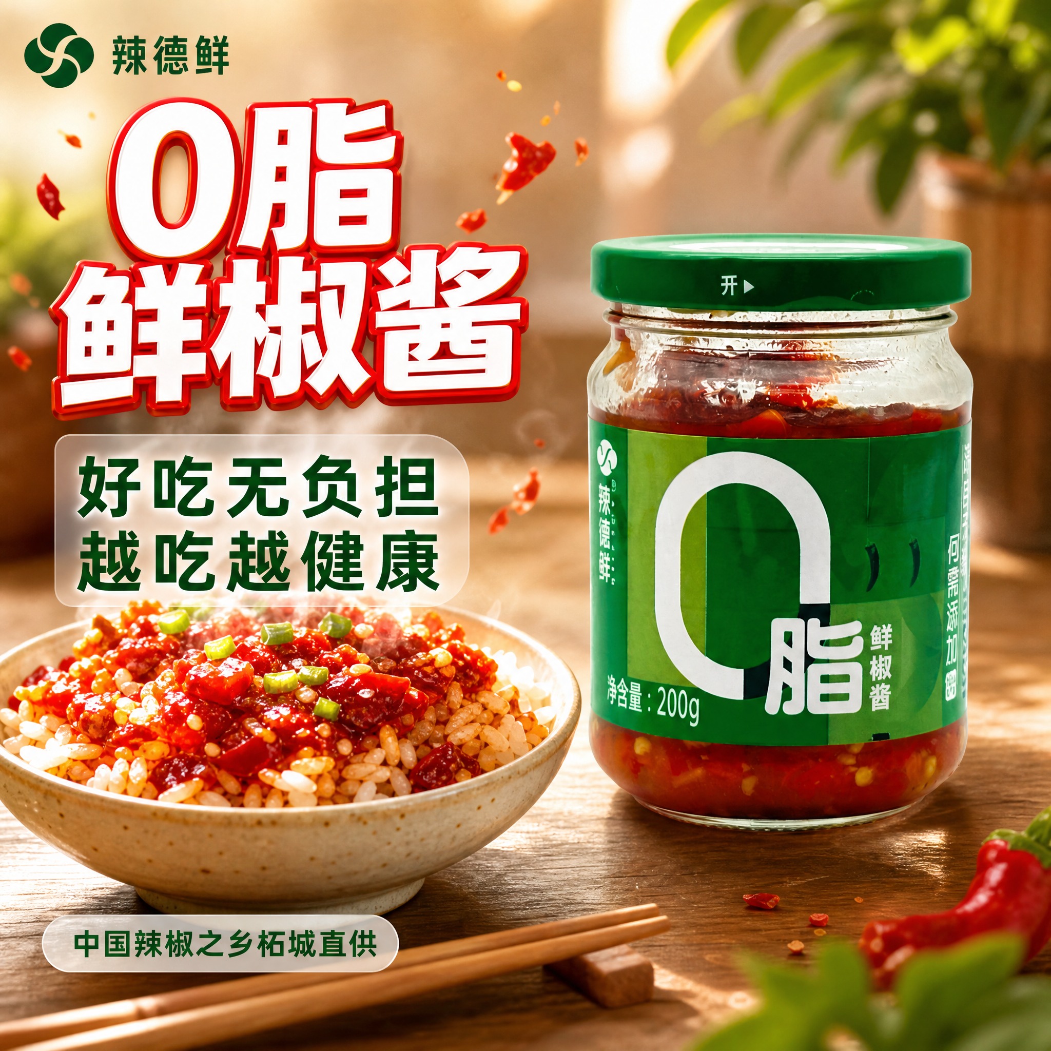 [主图-1] 0脂鲜椒酱首图点击率，突出0脂健康与食欲诱惑。… - 图片创意预览