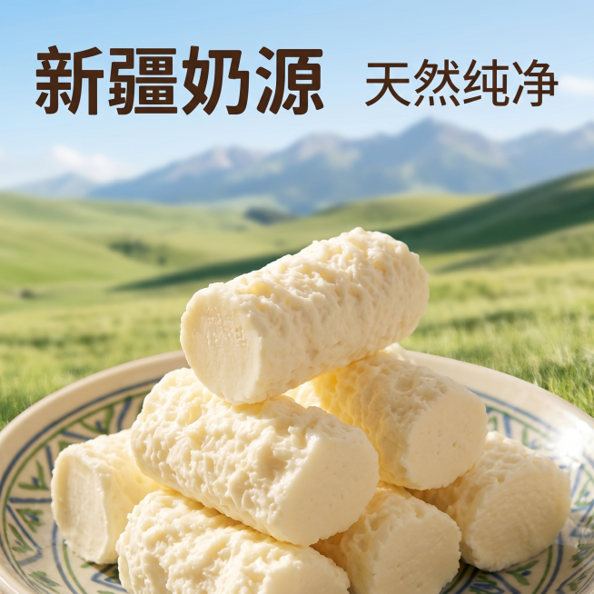 [主图-2] 新疆奶源核心卖点展示，建立信任。[氛围风格] 简单高级干净，突出天然健康；[画质] 商业摄影质感、光线柔和通透、产品清晰真实、画面干净高级。[元素] 输入图片中的奶醇产品主体放在画面下半预览效果