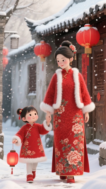 冬日雪景古巷，身着大红色繁花中式袄裙的母女：母亲梳古典发髻、配白绒边装饰，牵着手提小红灯笼的同款童装小女孩；背景是挂着大红灯笼的古旧木墙、覆雪传统建筑，雪花轻落，年味浓厚的温馨亲子氛围，色彩浓郁喜庆国预览效果