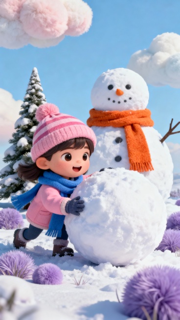 冬日雪地场景：戴粉色条纹针织帽、穿粉色外套+蓝围巾的小女孩，正用力推滚巨大雪球；后方有戴橙色围巾的雪人，背景是浅蓝和白云天空、尖顶松树，地面点缀淡紫色植物，整体色调柔和清新，线条圆润可爱，童趣治愈预览效果