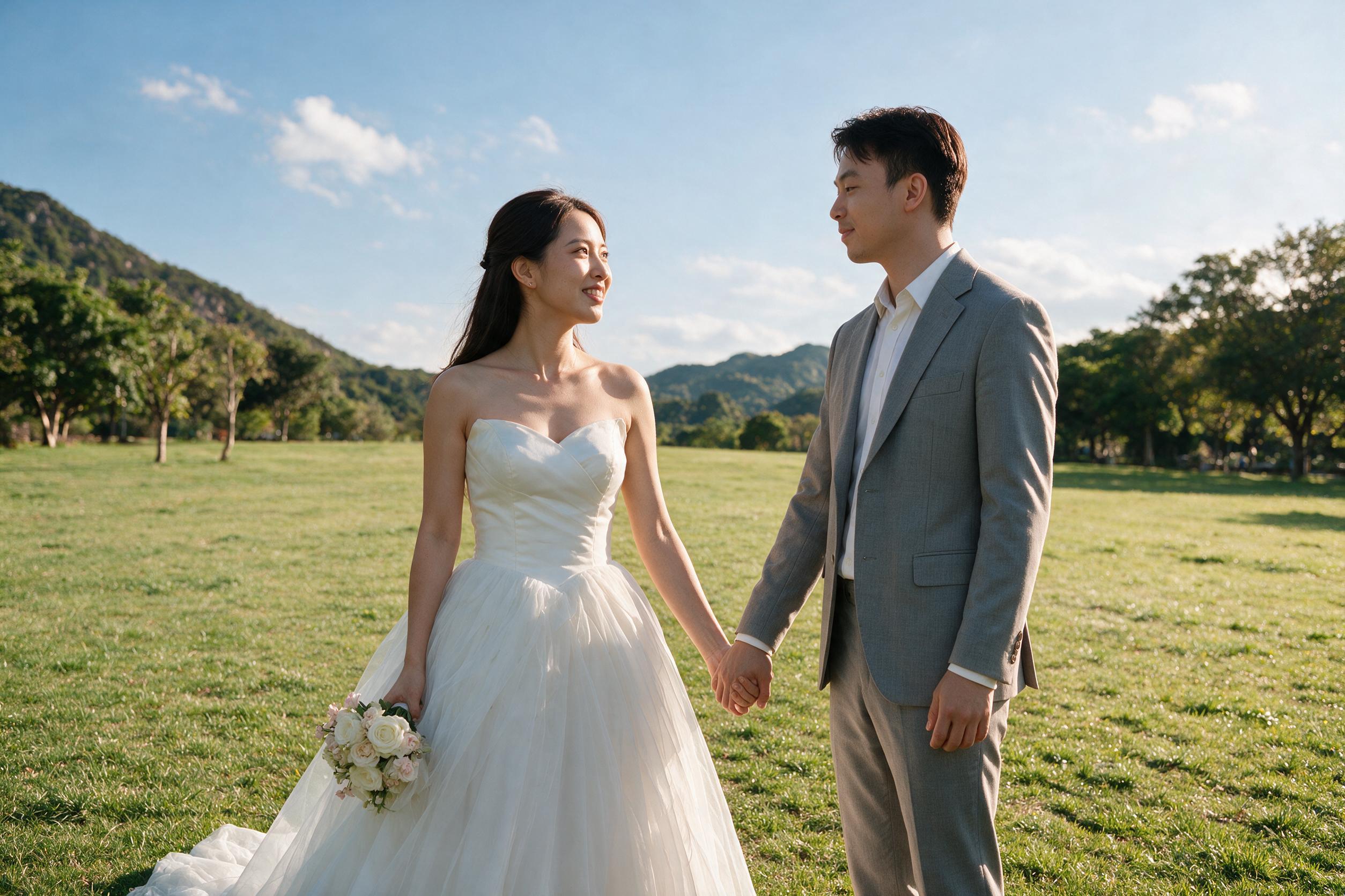 高度还原参考图中两人的面部特征和样貌，一对真实亚洲新人的草地婚… - 图片创意预览