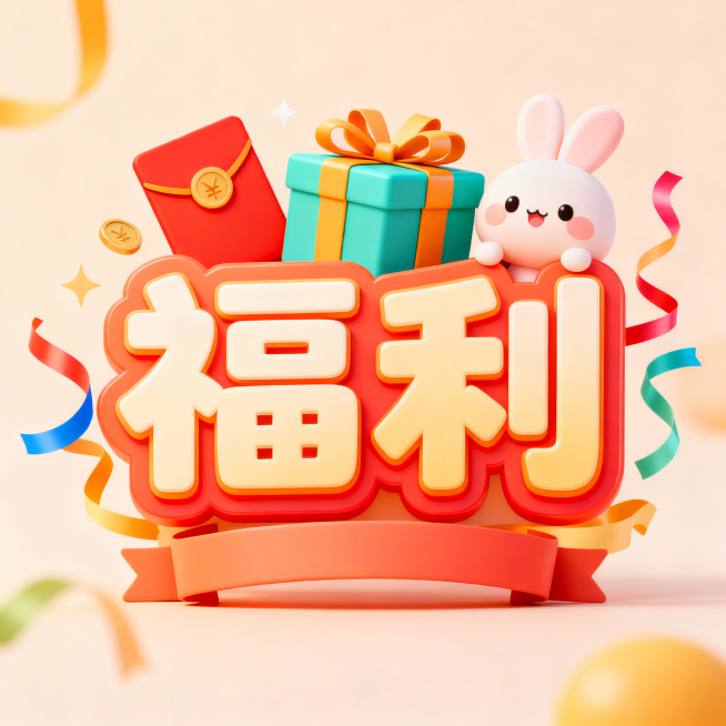 卡通风格的“福利”主题设计，整体活泼明亮，包含可爱的礼物盒、红包、彩带等福利相关装饰元素，醒目的“福利”字样，色彩鲜艳温暖，风格治愈可爱，适合作为活动标识使用预览效果