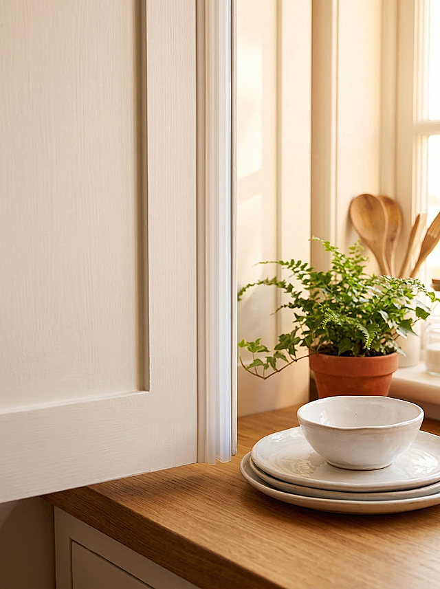 硅胶条场景应用图，纯图布局无文案，展示厨房柜门场景，白色硅胶条安装在柜门边缘，旁边摆放着陶瓷餐具和绿植，采用柔和自然光从窗户射入，色温偏暖，营造温馨的家居环境，硅胶条自然融入场景，突出其密封防撞的应用场景，背景适当虚化，整体氛围温暖舒适，充满生活气息