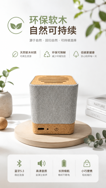 软木布艺方形蓝牙音箱卖点图，极简森系实用风，主色调白、浅灰、原木色，搭配低饱和绿植点缀，用环保图标搭配文字清晰列出卖点"环保软木，自然可持续"，整体干净清爽，排版清晰，适配9:16竖版电商展示预览效果