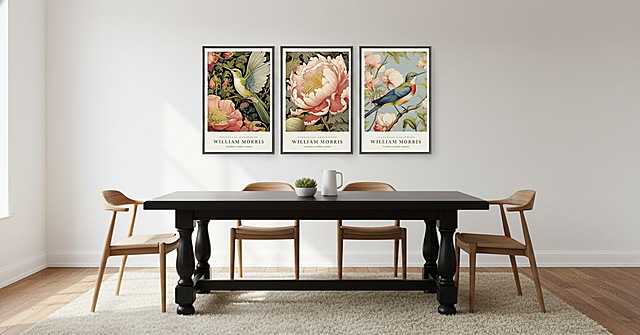 这是一套3联装饰画，不用做抠图处理，不改变装饰画的宽高比，装饰画框架颜色保持不变，这款商品在美国市场销售。主要用户群体是时尚男性或女性，帮我生成5张场景图，分别悬挂在美式客厅黑色沙发后空白墙壁、美式黑色餐桌后方墙壁、美式黄色办公桌上方墙壁、黑色书房书柜旁边大面积墙壁、黄色休闲椅旁边空白墙壁、客户群里是年轻时尚女性，墙壁颜色可以是色绿色，白色或其他与画的颜色搭配的颜色，空间具有时尚感觉，墙壁颜色要与画的主色调搭配，应用与美国市场，要确保所生成的场景图的尺寸为2000*2000像素，生成场景图清晰，色彩搭配和谐，画面是白天白光自然光线，并考虑光影效果，视觉为全景视觉，装饰画高度不能太低且大小合适，一张一张生成，生成场景图的尺寸为2000*2000