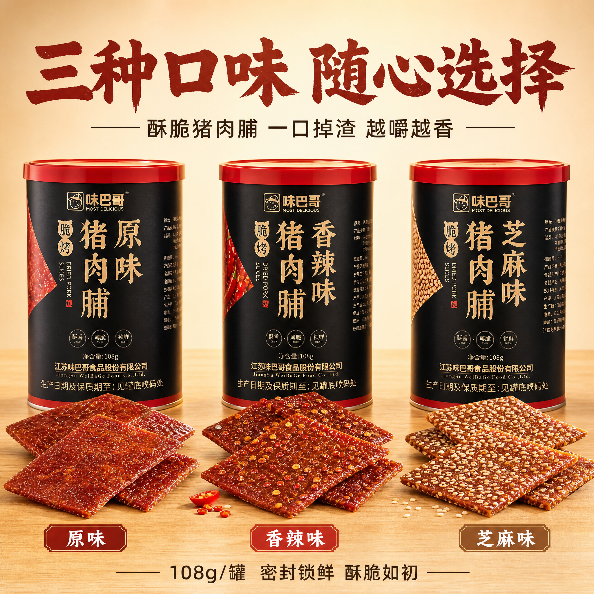 [主图-5] 味巴哥酥脆猪肉脯 多口味展示与规格。 [统一基调… - 图片创意预览