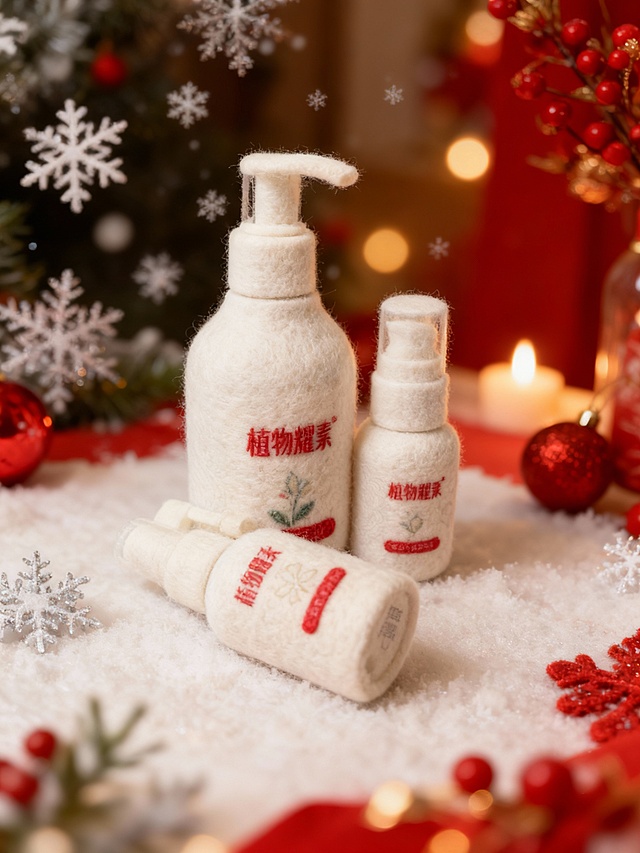 将图示商品变成毛毡质感，瓶身有精致文字与图案，还原商品颜色细节。冬日新年场景